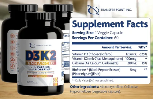 Vista 2 de D3K2 mejorado con calcio y bioperine® - 5000 UI de vitamina D3 + 100 mcg de vitamina K2 MK-7 - Fórmula una vez al día, 60 cápsulas