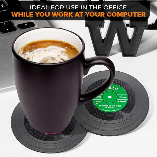 Vista 7 de 6 posavasos de vinilo para bebidas, tamaño de 4.1 pulgadas, duraderos y resistentes al calor Mini Record Coasters for Drinks to Protect Desk &