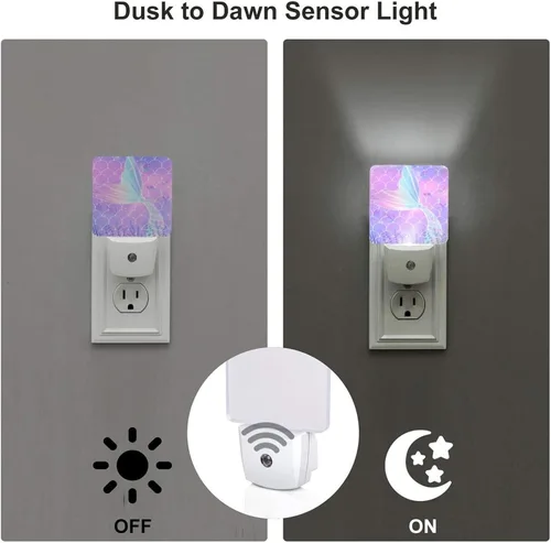 Vista 4 de Luz nocturna LED de 2 piezas, luz nocturna de sirena, linda lámpara enchufable, luces nocturnas LED con sensor de atardecer a amanecer, lámpara