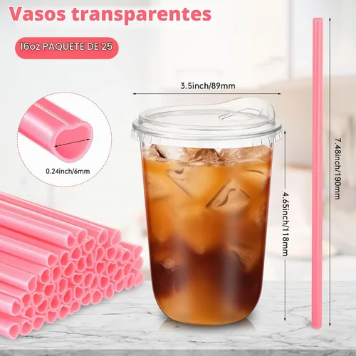 Vista 3 de Ziliny 25 juegos de vasos de plástico con pajitas y tapas de corazón rosa