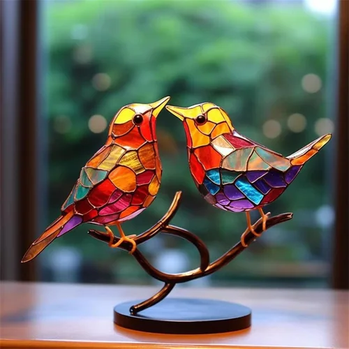 Vista 5 de 2023 Nuevos Pájaros De Metal Teñido En Rama Adornos De Escritorio, Adornos De Mesa De Pájaros De Metal Planos De Doble Cara Coloridos, Estatua De