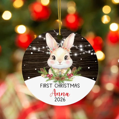 Vista 6 de Adorno de conejito de bebé, adorno personalizado con nombre y año para recién nacido 2026, decoración de conejo de Navidad personalizada, regalo