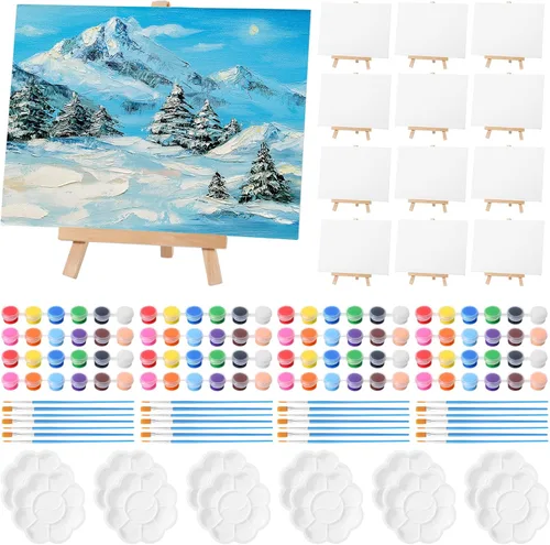 Vista 6 de Qilery Juego de 12 piezas de pintura en lienzo, mini lienzo con caballetes de madera, tiras de pinturas acrílicas, pinceles, paleta, juego de arte
