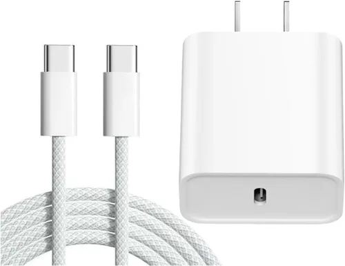 Vista 12 de Cargador para iPhone 17 y 16, carga rápida, tipo C, 20 W, USB C, bloque para iPad, con cable USB-C tejido de 6 pies, sincronización de datos de 60 W