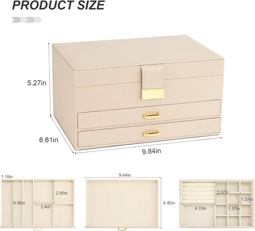 Vista 5 de V-LAFUY Organizador de joyas, organizador de joyas medio y almacenamiento, caja de joyería de 3 niveles con 2 cajones, cajas de joyería
