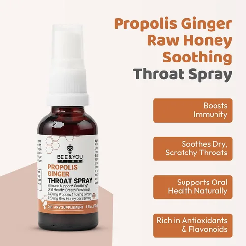 Vista 2 de Bee and You Propolis Ginger Raw Honey Spray calmante para la garganta, ultra puro, suplemento de apoyo inmunológico, salud bucal, antioxidantes