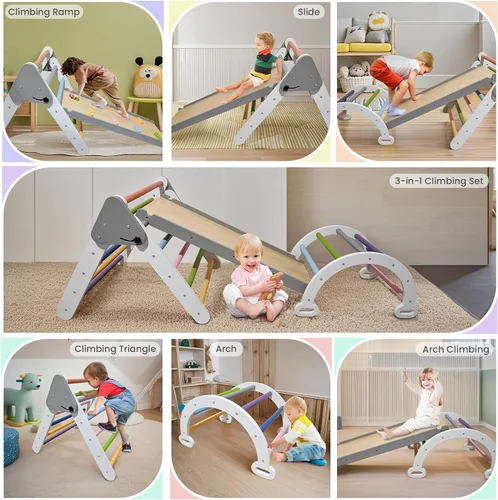 Vista 5 de Pikler - Juego de escalada triangular para niños pequeños 7 en 1, juego de escalador de interior de arco iris, plegable, juguete de escalada