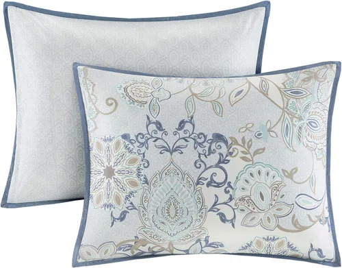 Vista 15 de Madison Park Juego de temporada, falda de cama a juego, almohadas decorativas, Queen (90 x 90 pulgadas), Isla, medallón floral azul, 8 piezas