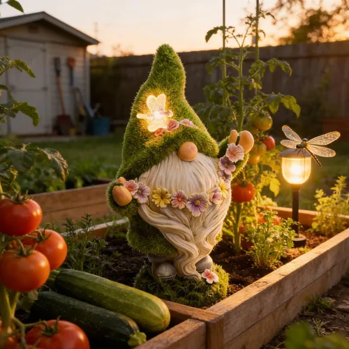 Vista 5 de DiliComing Decoración de gnomos flocados de jardín para patio, estatua de gnomo de musgo verde artificial con luz solar, escultura enana para patio