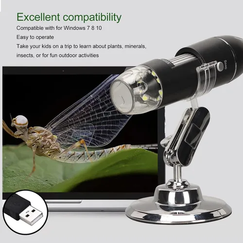 Vista 4 de Microscopio digital USB 50X a 1600X, cámara endoscopio de aumento con 8 LED, microscopio portátil de mano con soporte para Android