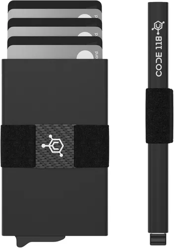 Vista 15 de CODE 118 Billetera – Billetera inteligente automática premium, bloqueo RFID, billetera de metal minimalista emergente para hombres, aluminio de 24K