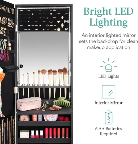 Vista 3 de Best Choice Products Armario de joyería con espejo LED, organizador de joyas montado en la pared o en la puerta con espejo, 2 cajones, cerradura
