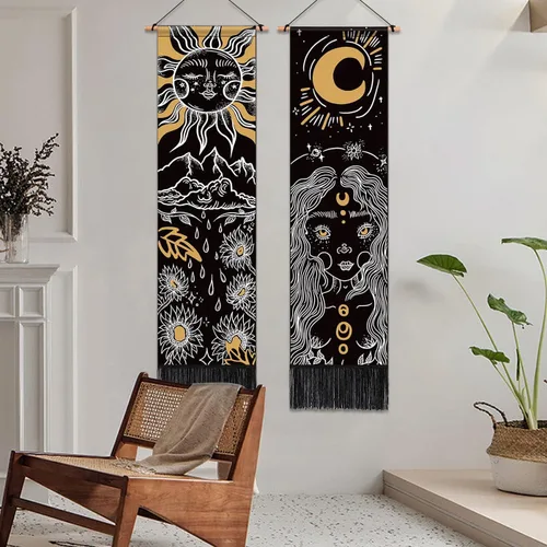 Vista 5 de ARTCREATOR Paquete de 2 tapices de sol y luna para colgar en la pared, tapiz estético vertical, arte misterioso, tapices largos para habitación