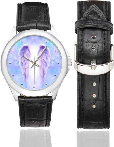 Vista 2 de InterestPrint Lila alas de ángel con luz blanca Reloj de correa de cuero negro impermeable para mujer, Diseño #3