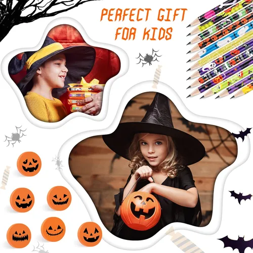 Vista 5 de Yexiya Juego de 48 lápices y borradores de Halloween, lindo lápiz de Halloween, mini borrador de calabaza de Halloween para niños, regalos