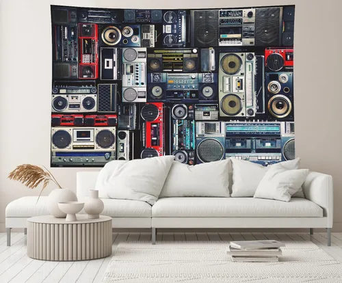Vista 4 de Telón de fondo vintage de los años 80 de 7 x 5 pies, pared retro llena de radio Boombox de los 80 estilo fondo para amplificador antiguo de video