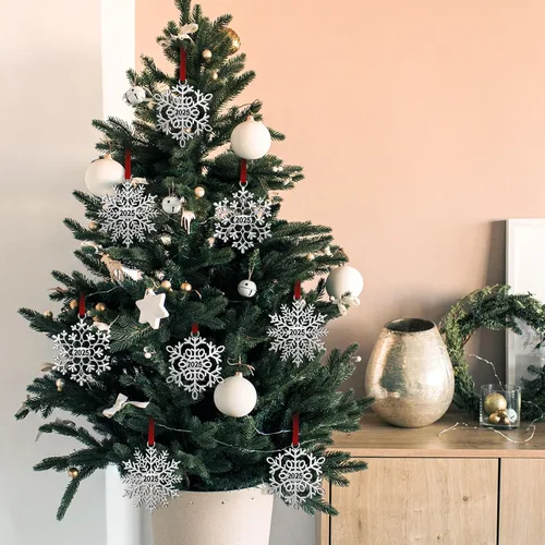 Vista 6 de Hotop 12 piezas Adorno de Navidad de copo de nieve de metal 2025 para árbol de Navidad, adornos colgantes de Navidad para árbol de Navidad, adornos