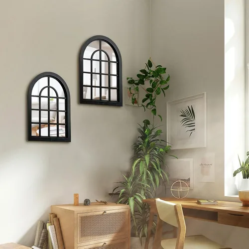Vista 5 de ZEXUIRU 2 piezas de espejo de pared arqueado para ventana, espejo de acento rústico de granja, espejo de entrada con marco de madera para sala