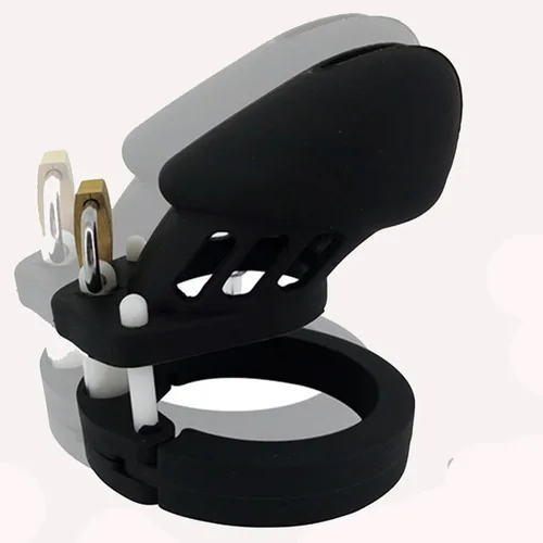 Vista 4 de Dispositivo de castidad masculino de silicona suave con 5 anillos, dispositivo de jaula de castidad masculina de color negro con cerradura y llave