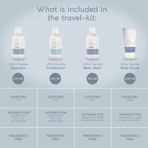 Vista 4 de THEORIE PURE - Juego de artículos de tocador de tamaño viaje, champú hipoalergénico, acondicionador, gel de baño y exfoliante corporal, sin