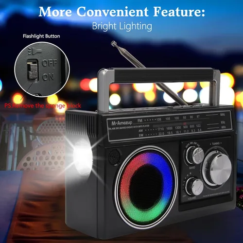 Vista 3 de Radios portátil AM FM, radio portátil retro con altavoz Bluetooth y linterna, recepción fuerte con luces de humor coloridas, tarjeta TF, energía
