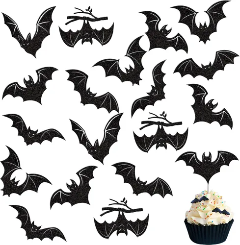 Vista 8 de 30 piezas de decoración de murciélagos de Halloween para cupcakes de murciélago con purpurina negra para Halloween, decoración de pasteles de Negro