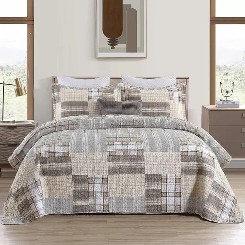 Vista 14 de Y-PLWOMEN Colchas 100% algodón tamaño Queen Farmhouse Plaid 3 piezas ropa de cama Azul y marrón