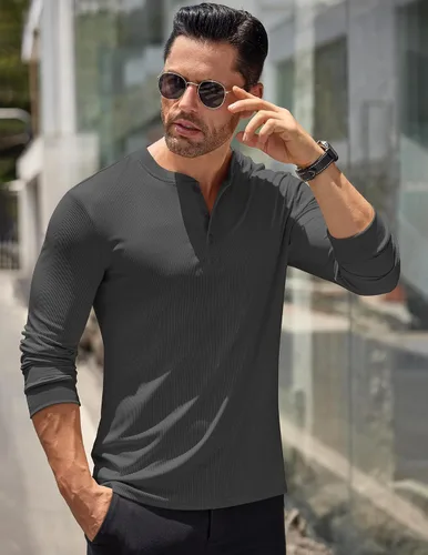 Vista 40 de COOFANDY Camisas Henley de manga larga para hombre, camisetas elásticas acanaladas, camisetas básicas casuales de moda
