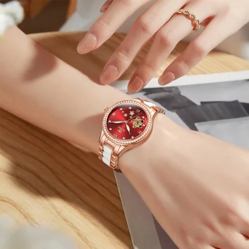Vista 7 de OLEVS Relojes para mujer, reloj automático de lujo, correa de cerámica, oro rosa, reloj de pulsera para mujer