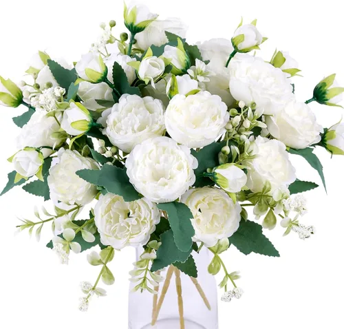 Vista 13 de 2 racimos de flores artificiales de peonía beige, ramo de peonías de seda para bodas, fiestas, centros de mesa, arreglos florales, decoración