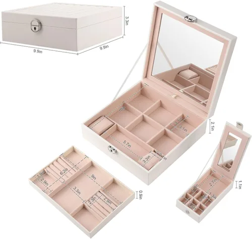 Vista 2 de JinHuoHuo Joyero organizador para mujeres y niñas, estuche grande de almacenamiento de joyas de 2 capas, caja de joyería de cuero sintético, bandeja