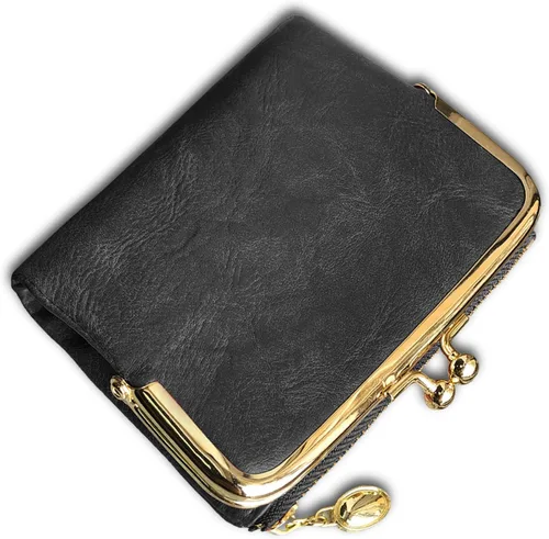 Vista 6 de Monedero para mujer pequeño con cremallera y bloqueo de beso, cartera Rfid, S, Gris