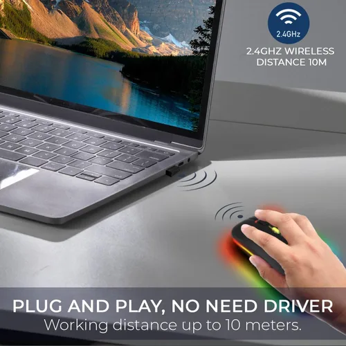 Vista 6 de GLOBAL TECH Ratón inalámbrico LED, mouse silencioso inalámbrico recargable delgado, 2.4G, portátil, USB, inalámbrico, inalámbrico, con receptor USB