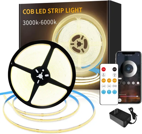 Vista 15 de COB - Tira de luces LED de 32.8 pies, 3000 K, blanco cálido, regulable, CC de 24 V, cinta de luces LED flexibles para dormitorio, con control remoto