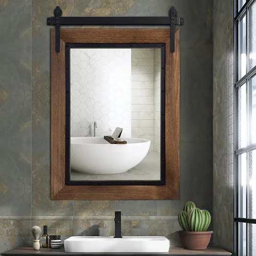 Vista 6 de Espejo de Puerta de Granero Estilo Granja, 32"x24" Espejo de Baño Rústico, Espejo de Pared con Marco de Madera, Espejo de Madera para Sala de Estar