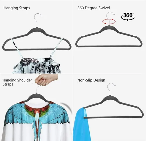 Vista 4 de Yaheetech Perchas de terciopelo para ropa, delgadas y antideslizantes, perchas para trajes que ahorran espacio, paquete de 200, color gris