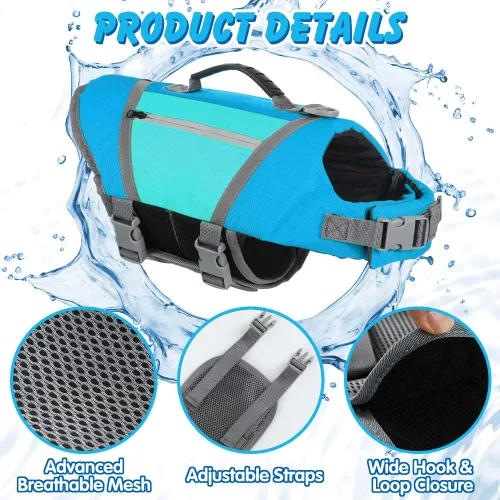 Vista 5 de EMUST Chaleco salvavidas para perro, chaqueta ligera con bolsillos, elegante preservador con asa de rescate y rayas reflectantes para nadar