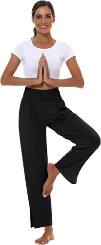 Vista 6 de 3 piezas de pantalones de yoga de pierna ancha para mujer, pantalones de descanso de cintura alta con bolsillos, pantalones deportivos de yoga