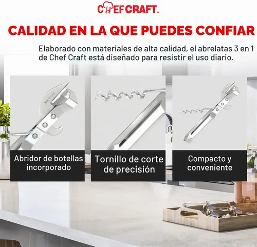 Vista 6 de Chef Craft Select - Abridor de latas 3 en 1, 6 pulgadas de longitud, acero inoxidable