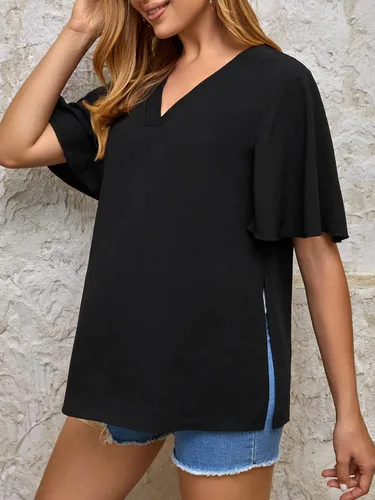 Vista 3 de OYOANGLE Women's Maternity Short Sleeve Split Hem V Neck Casual Soft Tunic Tee Shirt