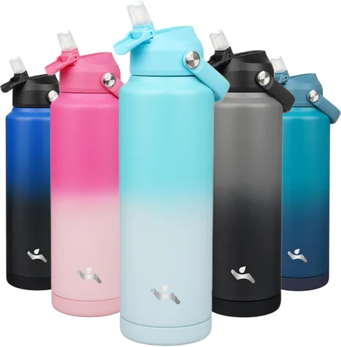 Vista 50 de Konokyo Botella de agua aislada con tapa de pajilla, botella de metal al vacío de acero inoxidable de 18 onzas con mango de silicona, color negro