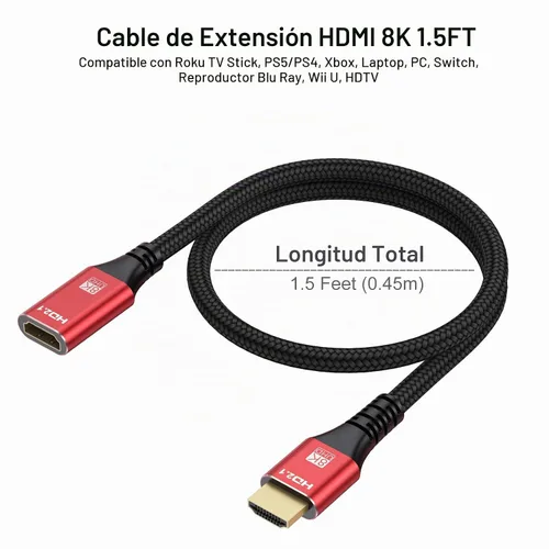 Vista 8 de Extensor HDMI 8K Cable de extensión HDMI 1.5FT, HDMI 2.1 macho a