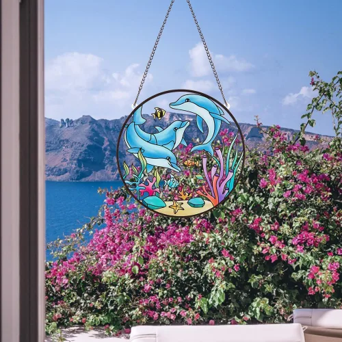 Vista 7 de PLIGREAT Suncatchers - Atrapasoles de cristal acrílico con delfín de pez marino, adorno colgante de árbol para dormitorio, sala de estar, ventana