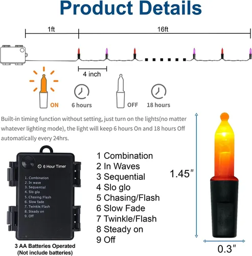 Vista 3 de WATERGLIDE - 50 luces LED de Halloween para uso al aire libre de 16 pies, tira de luces con 8 modos, tamaño mini, luces impermeables para árbol