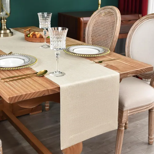 Vista 8 de NEWISHER Camino de mesa rústico de granja, color beige sólido, camino de mesa rectangular de lino sintético para uso diario, cocina, comedor, mesa