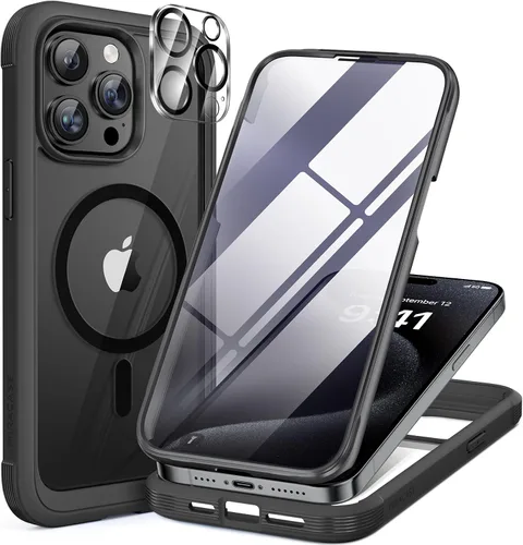 Vista 185 de Miracase - Funda magnética para iPhone 13 Pro Max de 6.7 pulgadas (compatible con MagSafe), transparente, completo, protector de pantalla de vidrio