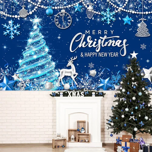 Vista 7 de Tiamon Telón de Fondo Banner de Fiesta Feliz Navidad para Decoración de Fiesta de Navidad y Año Nuevo (Azul Dorado, 72.8 x 43.3 Pulgadas)