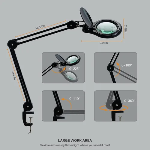 Vista 3 de Lámpara de aumento bifocal LED con abrazadera, 14W 1200LM, color negro Lente de cristal bifocal de 5 pulgadas con 60 LED SMD que proporciona un