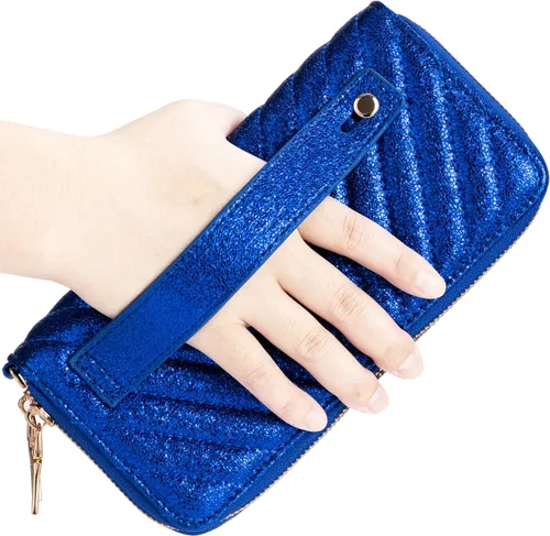 Vista 6 de B BRENTANO Cartera de cuero vegano con doble cremallera y bolsillo con correa de mano con agarre, azul Glitter