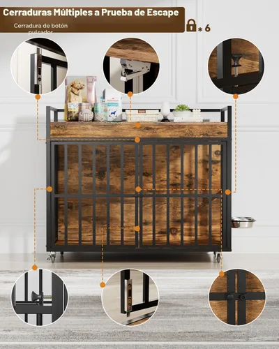 Vista 8 de Muebles de jaula para perros grandes y resistentes con cuencos y ruedas giratorios de 360°